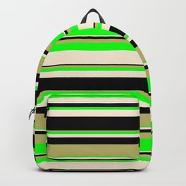 [ Thumbnail: Dark Khaki, Lime, Beige, and Black Colored Striped Pattern Backpack ]