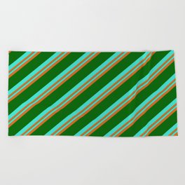 [ Thumbnail: Turquoise, Chocolate & Dark Green Colored Stripes Pattern Beach Towel ]