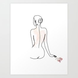 Line Art Nude Woman With Flower Bunch Art Print