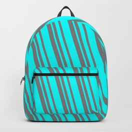 [ Thumbnail: Grey and Aqua Colored Lined/Striped Pattern Backpack ]