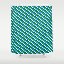 [ Thumbnail: Light Cyan, Green, and Blue Colored Lined/Striped Pattern Shower Curtain ]