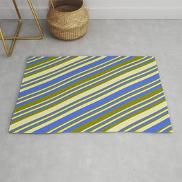 [ Thumbnail: Pale Goldenrod, Royal Blue, and Green Colored Lined Pattern Rug ]