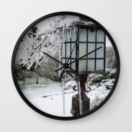 Winter Welcome Rustic Lamppost and Landscape with Snow and Ice Wall Clock