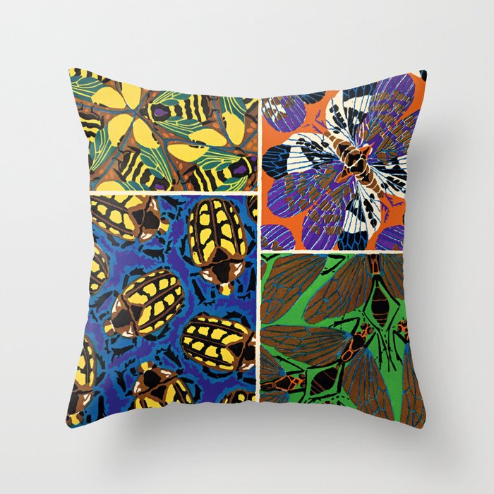 Vintage Multicolor Butterflies, Beetles and Bees  Throw Pillow