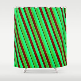[ Thumbnail: Green, Lime Green & Dark Red Colored Stripes/Lines Pattern Shower Curtain ]