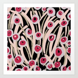 Abstract Design in Magenta Red, Blush Pink, Gray on a Black Background Art Print