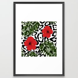 Red hibiscus and palm leaves seamless pattern Framed Art Print