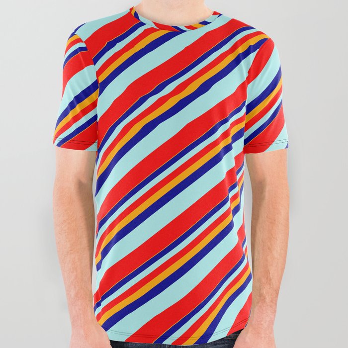 Orange, Dark Blue, Turquoise, and Red Colored Stripes Pattern All Over Graphic Tee