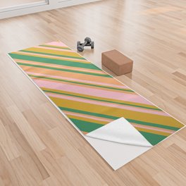 [ Thumbnail: Goldenrod, Sea Green, Brown, and Pink Colored Striped/Lined Pattern Yoga Towel ]