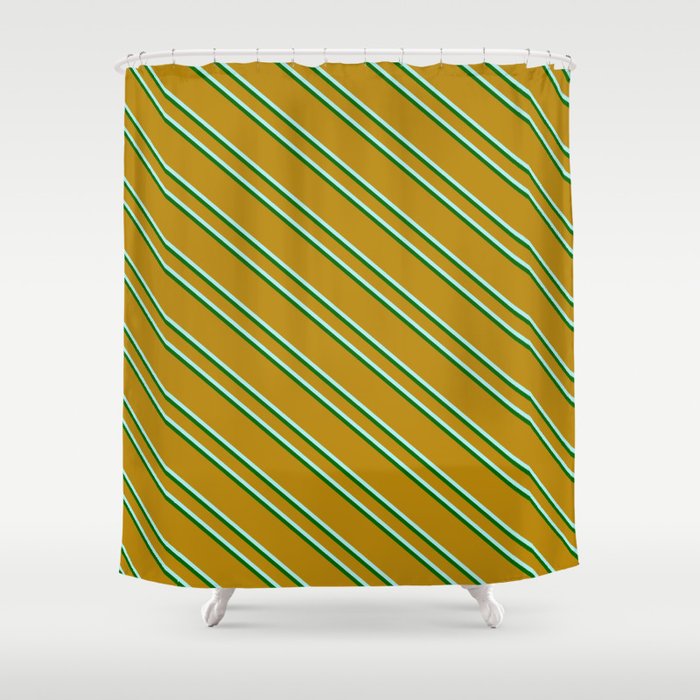 Dark Goldenrod, Turquoise & Dark Green Colored Lines/Stripes Pattern Shower Curtain