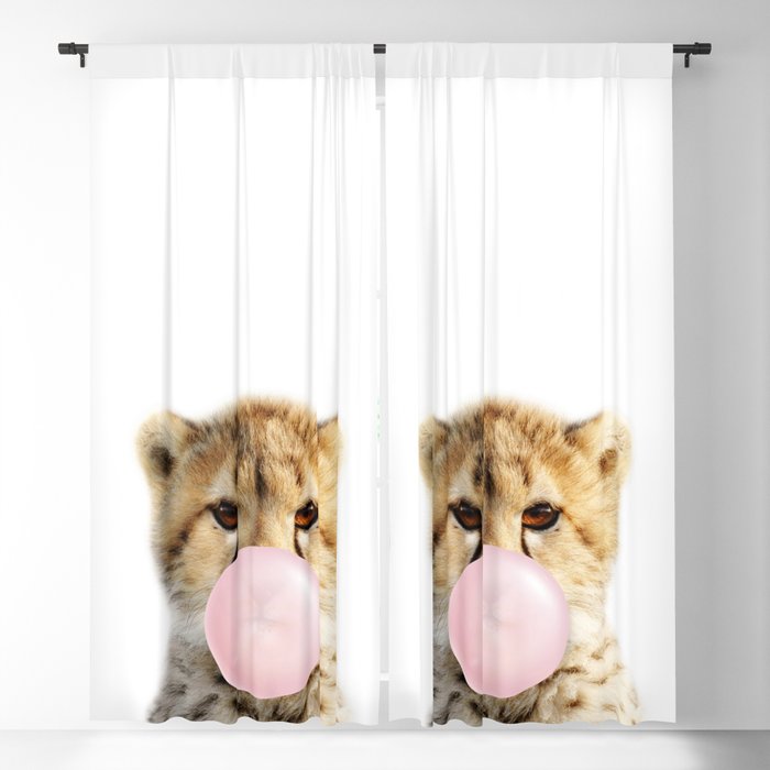 Baby Cheetah Blowing Bubble Gum, Pink Nursery, Baby Animals Art Print by Synplus Blackout Curtain