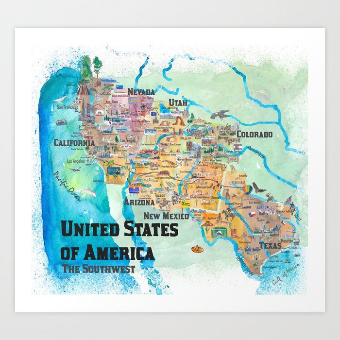 Usa Southwest States Travel Poster Map Ca Az Nm Tx Nv Ut Co Art Print By Artshop77 Society6