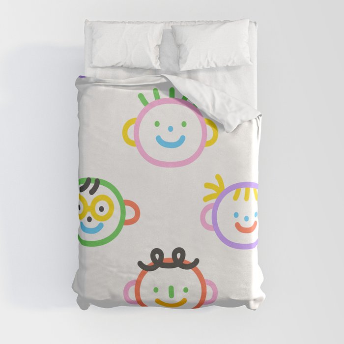 Colorful funny children face doodle pattern print Duvet Cover