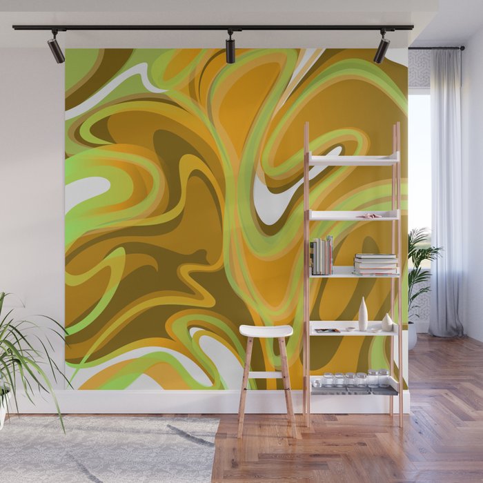 Liquify in Vintage 70s Colors // Brown, Avocado Green, Harvest Gold, Orange, White Wall Mural
