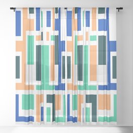White Outline Geometric Art Deco Style Blue Peach Green Tones Sheer Curtain