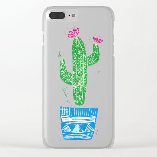 Linocut Cactus #2 in a pot Clear iPhone Case