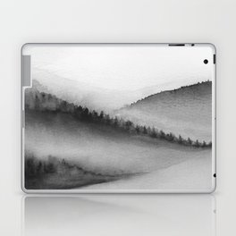 Distant Trees III - Black White Gray Forest Trees Foggy Hills Nature Watercolor Painting Art Print Wall Decor  Laptop Skin