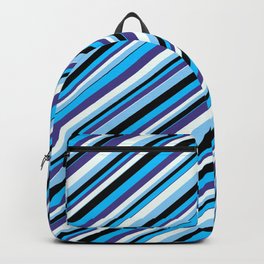 [ Thumbnail: Deep Sky Blue, Dark Slate Blue, Mint Cream, Light Sky Blue, and Black Colored Lines Pattern Backpack ]