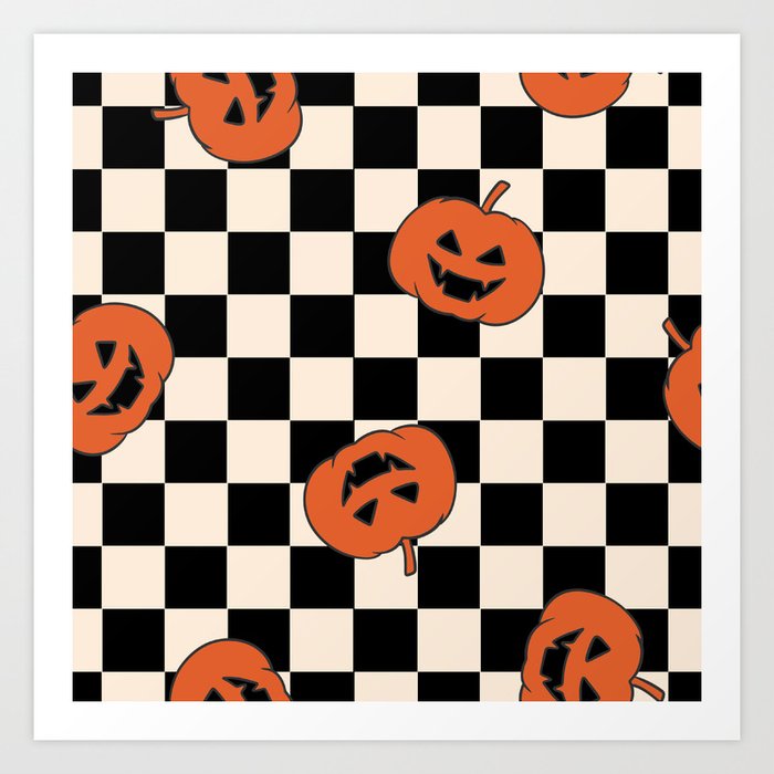 Checkerboard Pumpkin Halloween Art Print