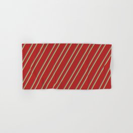 [ Thumbnail: Red, Gray, and Dark Khaki Colored Striped Pattern Hand & Bath Towel ]