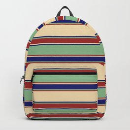 [ Thumbnail: Tan, Midnight Blue, Dark Sea Green & Brown Colored Striped/Lined Pattern Backpack ]