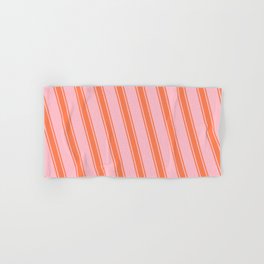 [ Thumbnail: Pink & Coral Colored Striped Pattern Hand & Bath Towel ]