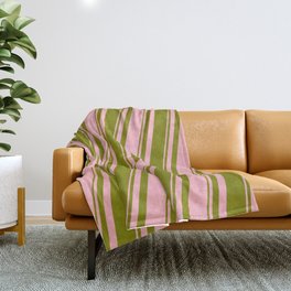 [ Thumbnail: Green and Light Pink Colored Striped Pattern Throw Blanket ]