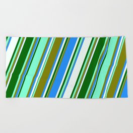 [ Thumbnail: Aquamarine, Green, Blue, Mint Cream, and Dark Green Colored Lined/Striped Pattern Beach Towel ]