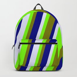 [ Thumbnail: Chartreuse, Green, Dark Blue & Lavender Colored Stripes/Lines Pattern Backpack ]