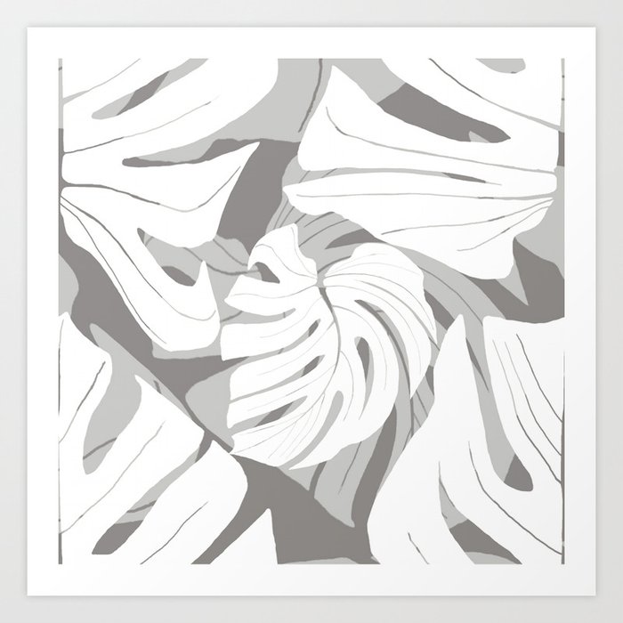 White Monstera Leaves Gray Abstract Background #decor #society6 #buyart Art Print