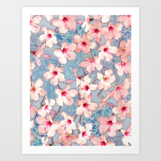 Shabby Chic Hibiscus Patchwork Pattern in Pink & Blue Art Print