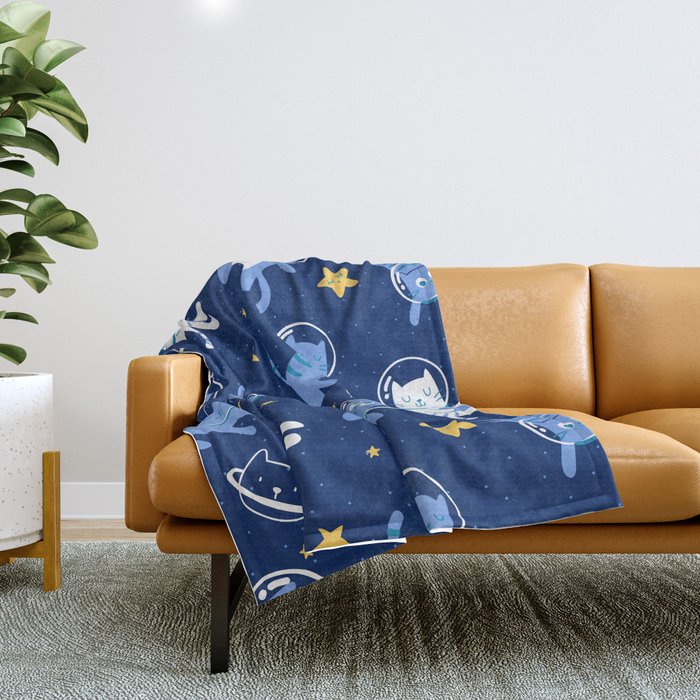Super Cute Outer Space Astronaut Cats Vintage Pattern Throw Blanket