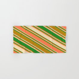 [ Thumbnail: Coral, Tan, Forest Green, and Dark Goldenrod Colored Stripes/Lines Pattern Hand & Bath Towel ]