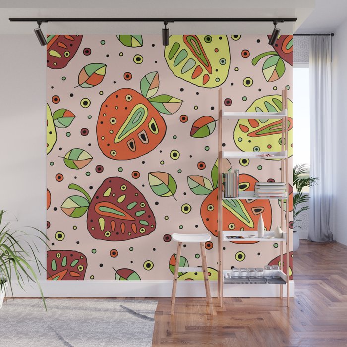 Seamless hand drawn childish pattern with fruits. Cute childlike strawberries with leaves Wall Mural