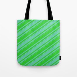 [ Thumbnail: Lime Green & Aquamarine Colored Stripes Pattern Tote Bag ]
