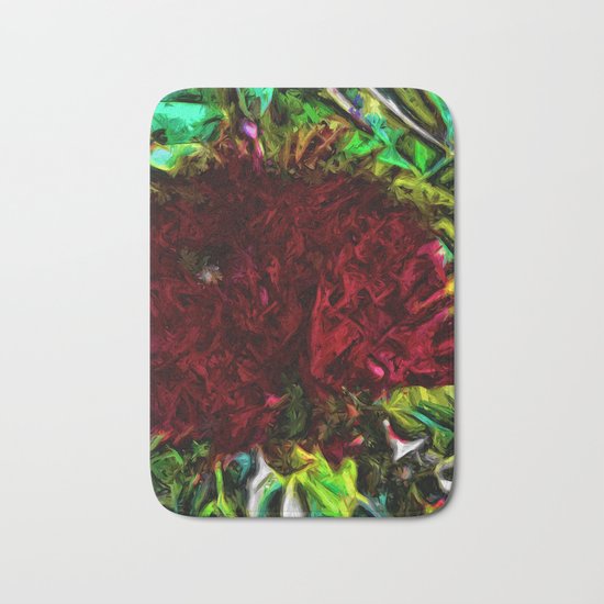 Red Flower in the Shadows and Bright Green Leaves Bath Mat