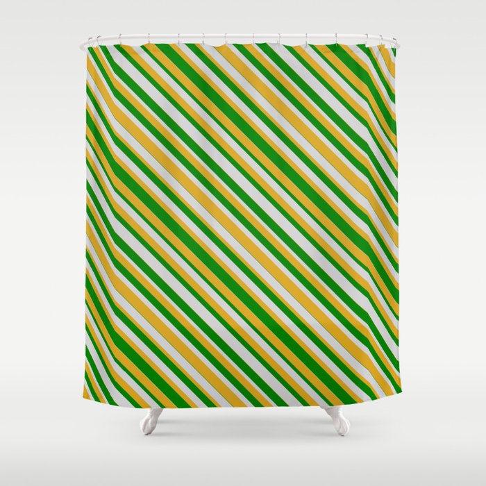 Green, Light Gray, and Goldenrod Colored Striped Pattern Shower Curtain
