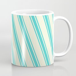 [ Thumbnail: Beige and Turquoise Colored Lined/Striped Pattern Coffee Mug ]
