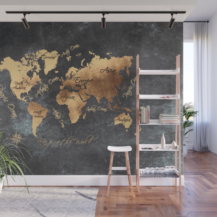 World Map 147 Gold Black Worldmap Map Wall Mural By Jbjart