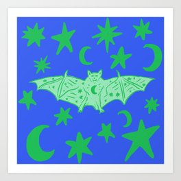 Mystical Vampire Bat, Green over Blue Art Print