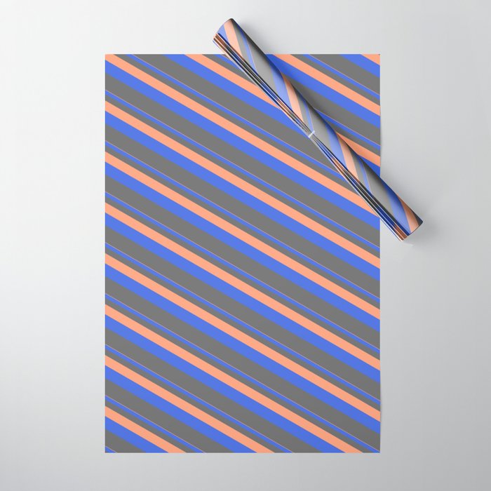 Light Salmon, Royal Blue & Dim Gray Colored Pattern of Stripes Wrapping Paper