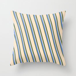 [ Thumbnail: Dark Olive Green, Bisque, and Cornflower Blue Colored Stripes Pattern Throw Pillow ]