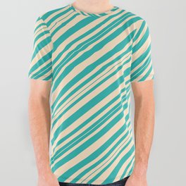 [ Thumbnail: Bisque and Light Sea Green Colored Pattern of Stripes All Over Graphic Tee ]