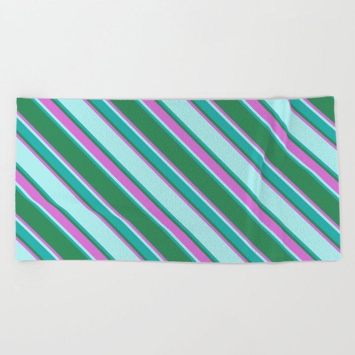 Sea Green, Orchid, Turquoise & Light Sea Green Colored Lined Pattern Beach Towel