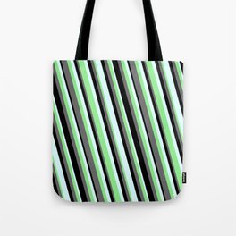 [ Thumbnail: Dim Grey, Black, Light Cyan, and Light Green Colored Striped Pattern Tote Bag ]