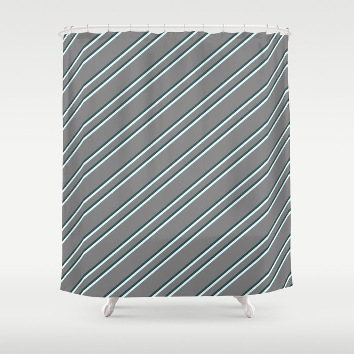 Gray, Dark Slate Gray, and Light Cyan Colored Striped/Lined Pattern Shower Curtain