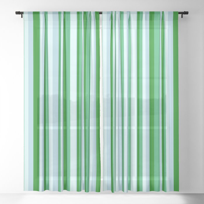 Light Cyan, Light Blue, Green, and Sea Green Colored Pattern of Stripes Sheer Curtain