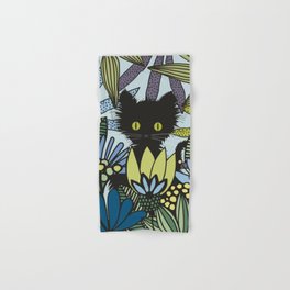 Black Cat in Blue Garden Hand & Bath Towel