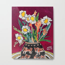 Daisy Bouquet in Tiger Vase on Deep Burgundy Wine Red Still Life Floral Painting Metal Print