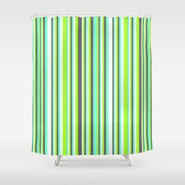 [ Thumbnail: Light Green, Dim Grey, Aquamarine, and Mint Cream Colored Stripes Pattern Shower Curtain ]